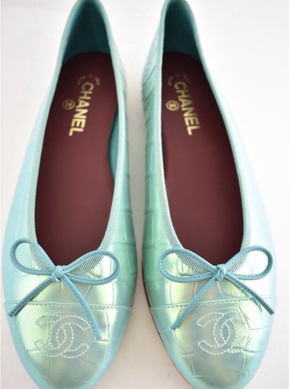 CHANEL Iridescent Aqua Ballet Flats with Bow NWT and Box